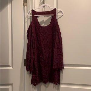 Maroon, lace, long-sleeved mini dress